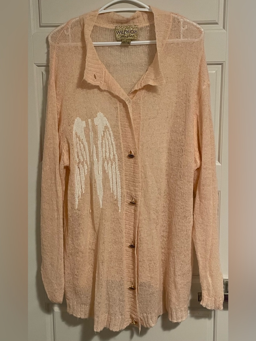 Wildfox White Gold Label Peachy Pink Knit Cardigan with White Angel Wing Detail